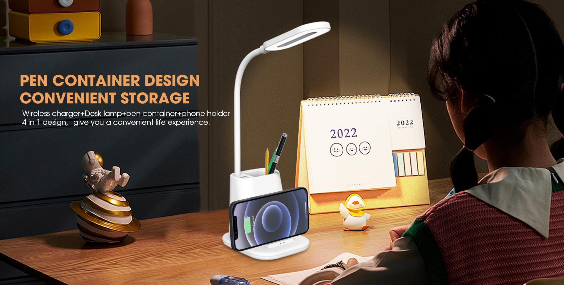 wireless charger/phone holder/desk lamp/pen container 4 in 1 design for the best experience