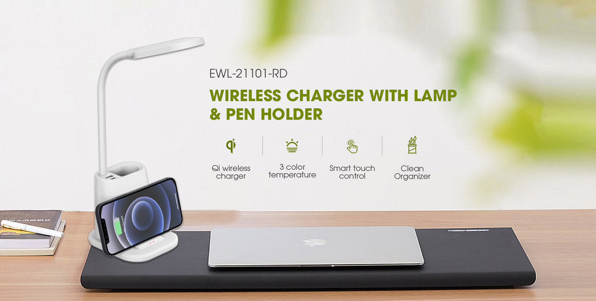 EWL-21101-RD Wireless charger with lamp & pen container / desk organizer