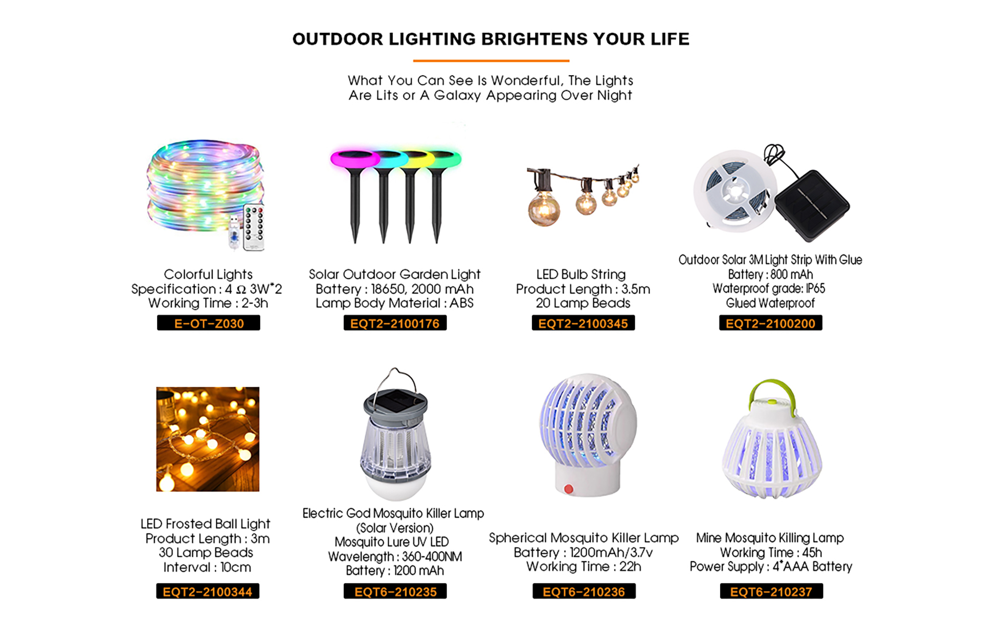 etech outdoor products catalog of led light strips, garden light, led bulb, solar power light, mosquito kill lamp
